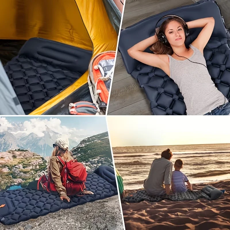 Ultraleichte Camping-Schlafmatte mit eingebauter Fußpumpe und Kissen, tragbare aufblasbare Luftmatratze, wasserdichte Schlafmatte zum Wandern – Detail 2
