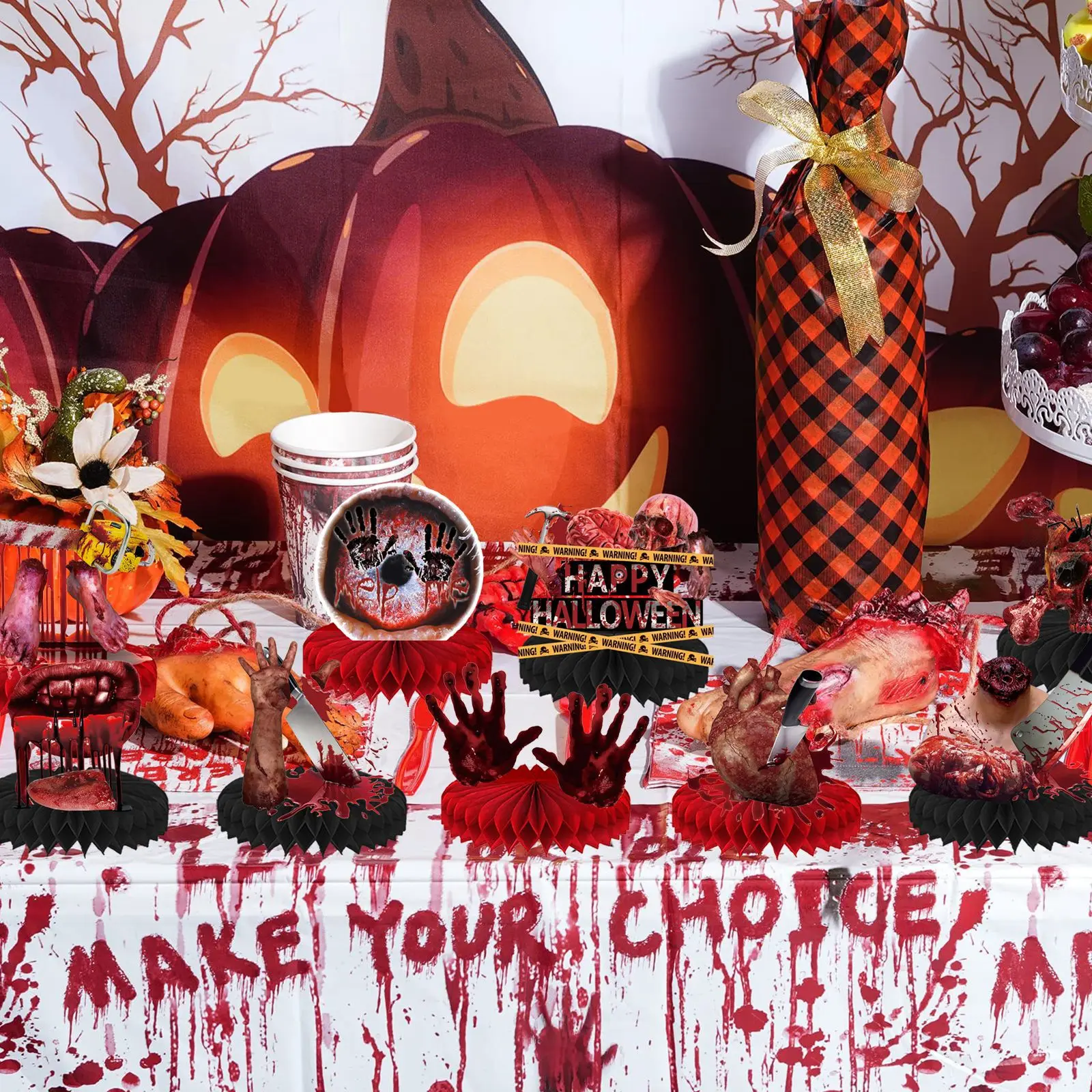 Bloody Severed Body Parts Honeycomb Table Centerpieces, Scary Zombie Gore Decor for Horror Halloween Haunted House Party Supplie