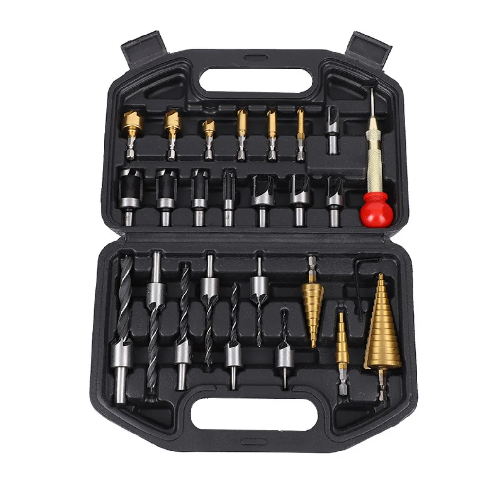 26Pcs Three-point Step Drill Bit Set Multi-Size Drilling Punch Positioner Countersunk Wood Plug Chamfer Efficient