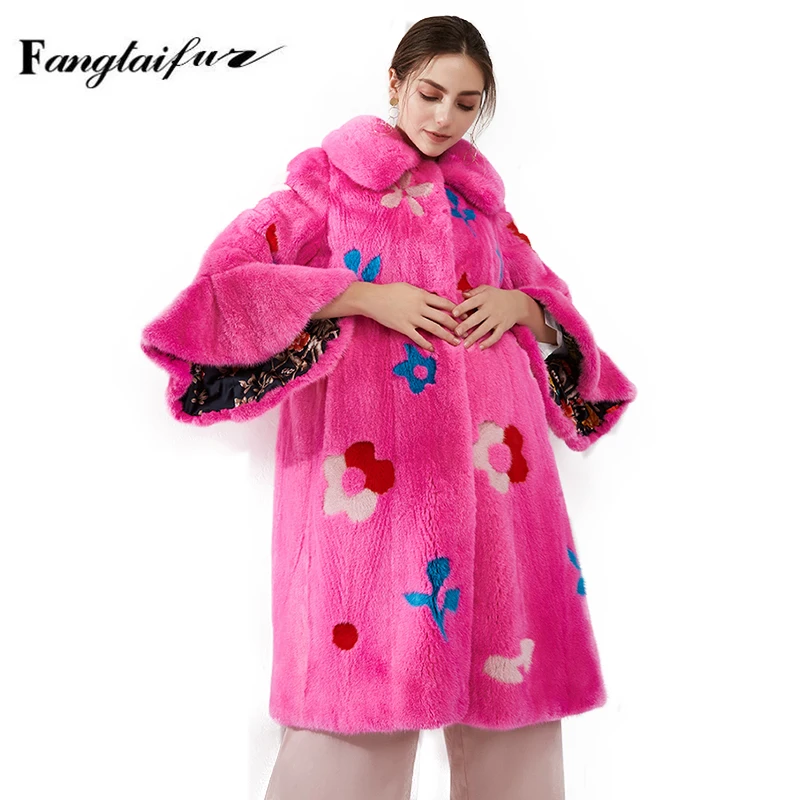 Ftangaiur Winter Female Import Velvet Mink Fur Coat Print Mink Coat Women Jacket Turn-Down Collar Natural Real Mink Fur Coats