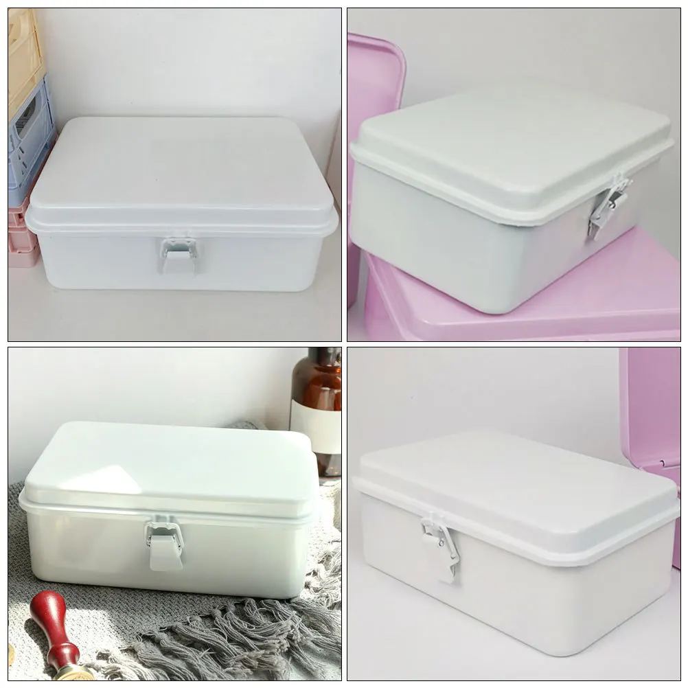 صندوق معدني أبيض عتيق، مشبك قابل للقفل، حاوية تخزين ذات سعة كبيرة من الفولاذ المدرفل على البارد لأدوات سطح المكتب والمكتب والمفكرة