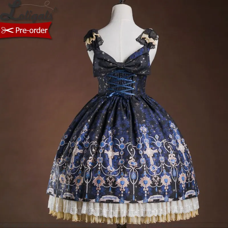 Pre-order ~ Sweet Printed Lolita JSK Dress Ruffled Midi Party Dress ~ Glittering Gemstones & Stars