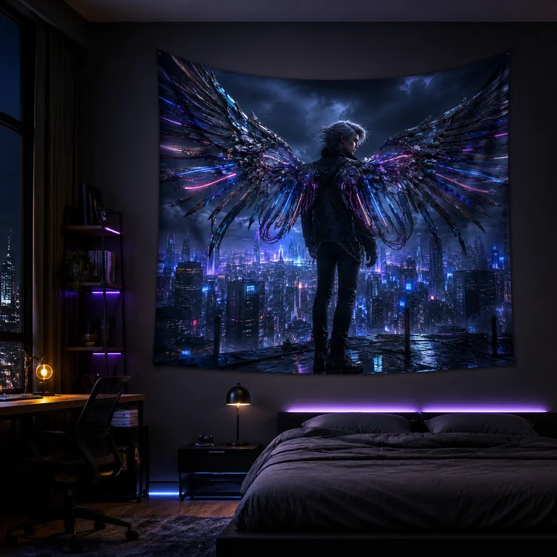 VIKAMA Skeleton Dark Angel Tapestry, Cyberpunk Gothic Warrior Mechanical Wings Wall Hanging, Sci-Fi Esports Room Wall Decoration