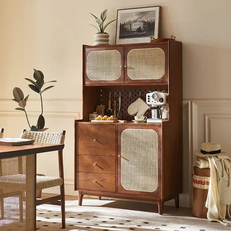 Solid wood rattan dining side cabinet, double layer, with drawers, wabi-sabi, vintage locker