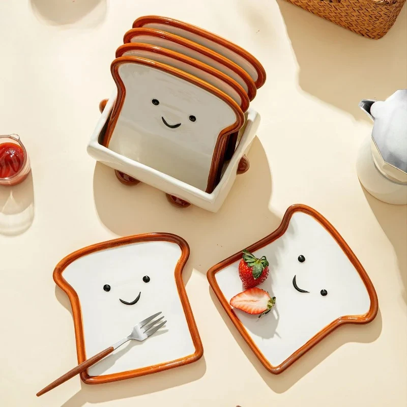 Smiley Toast Shaped Side Dish Plate Cartoon Bread Design Food Serving Tray For Breakfast Snack Bone Storage Cute Kitchen Table