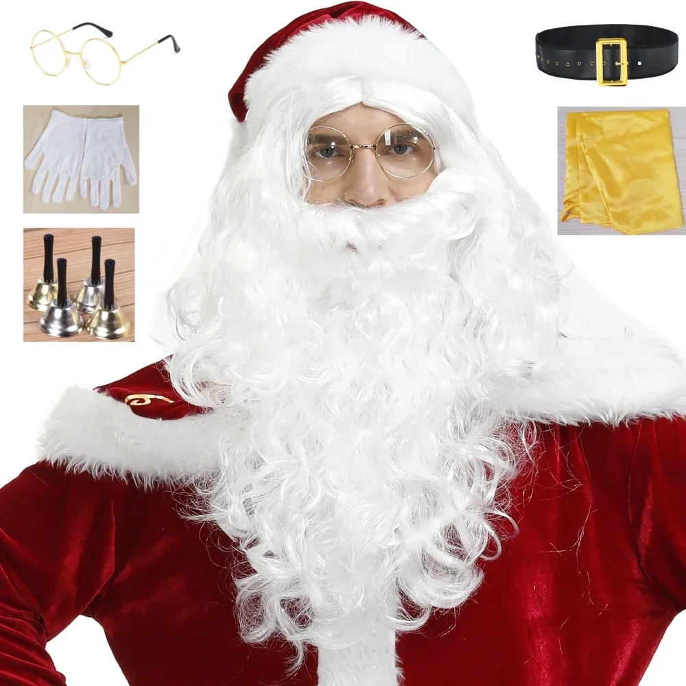

Рождественский парик Санта-Клауса, борода, плоские очки, белые перчатки, рождественская вечеринка, косплей, изысканные аксессуары, реквизит для выступления на сцене