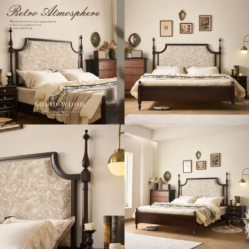 For French Retro Solid Wood Soft Upholstered Bed with Roman Columns European Style Double Queen Size 1.8m 2x2m Master Bedroom