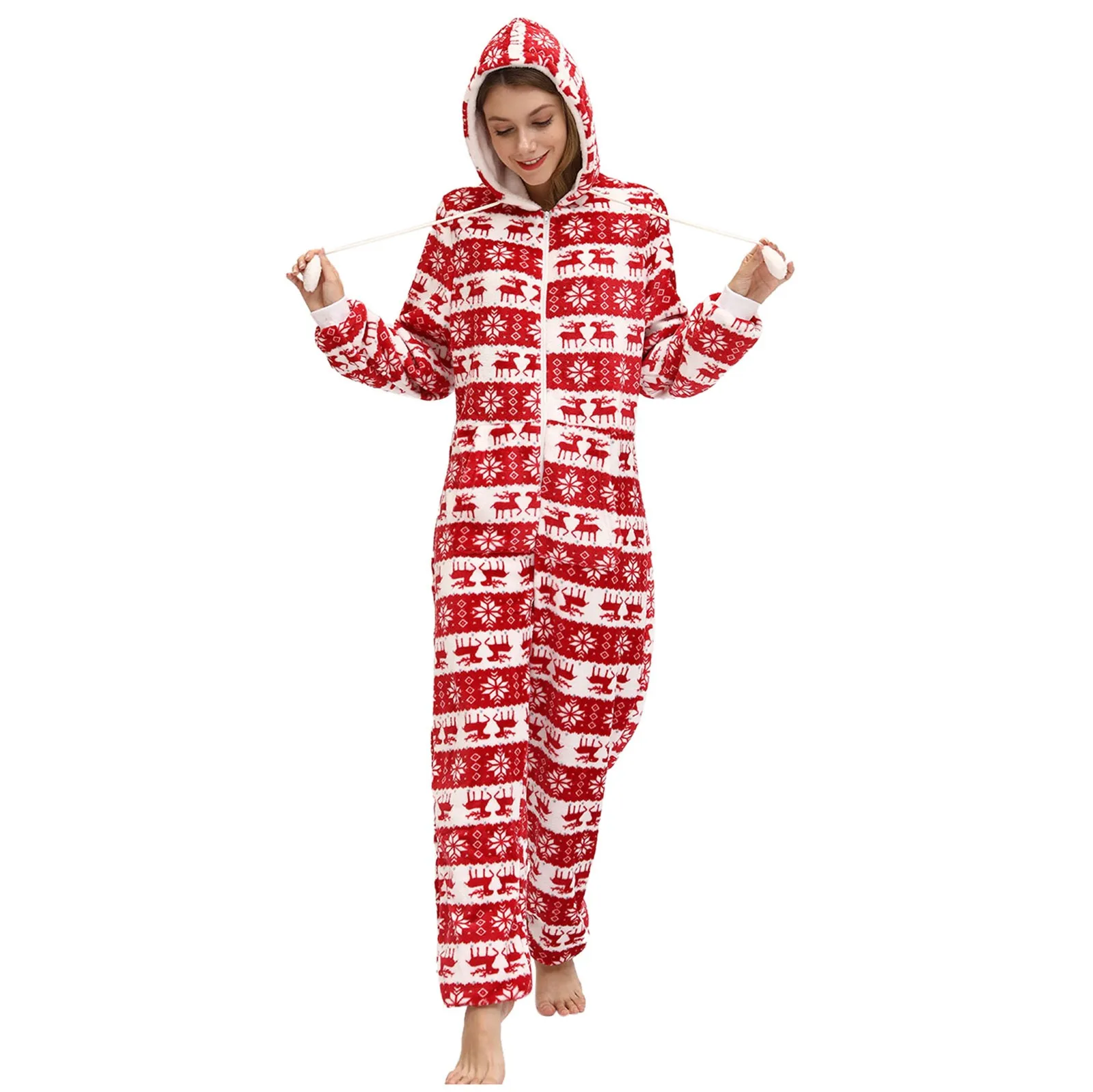 Women’s Christmas Printed Zipper Hooded Jumpsuit Nightgown Supersoft Thick Pajamas Slouchy Warm Loungewear Womens Sleepwear Set