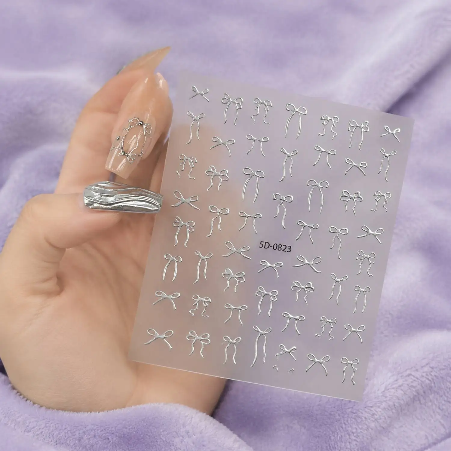 1Pc Silver Raised Bow Elegant Nail Art Sticker Glitter Design Adhesive Nail Decal Fashion Event Unique Nail Slider