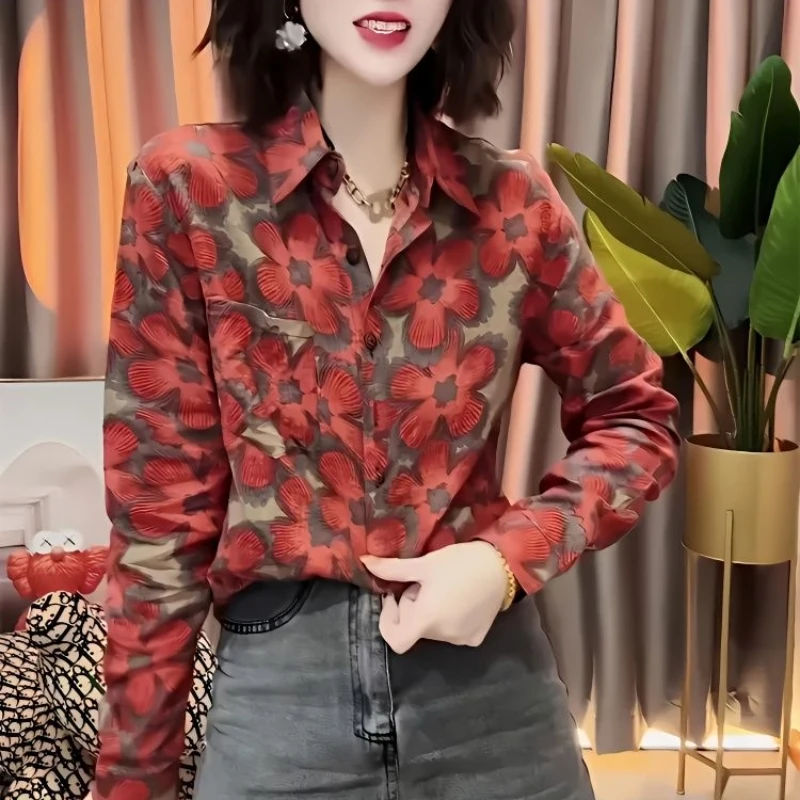 2024 Spring and Autumn Season New Fashion Trend Street Printed Shirt Women\'s Korean Edition Slimming Long Sleeved Lapel Casual L