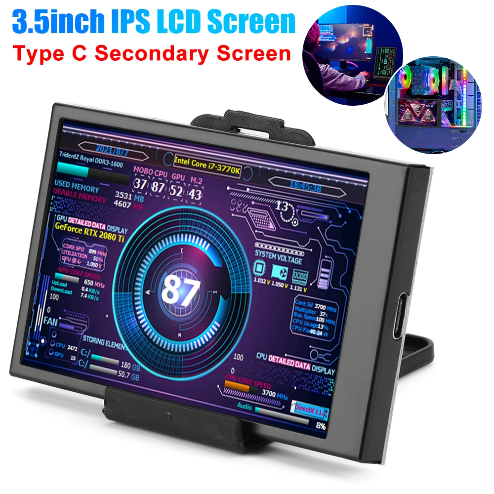 3.5inch Sub Display Drive Free Display Screen Monitor Dual Type-C Interface AIDA64 320x480 for PC Computers/mini ITX Chassis/CPU