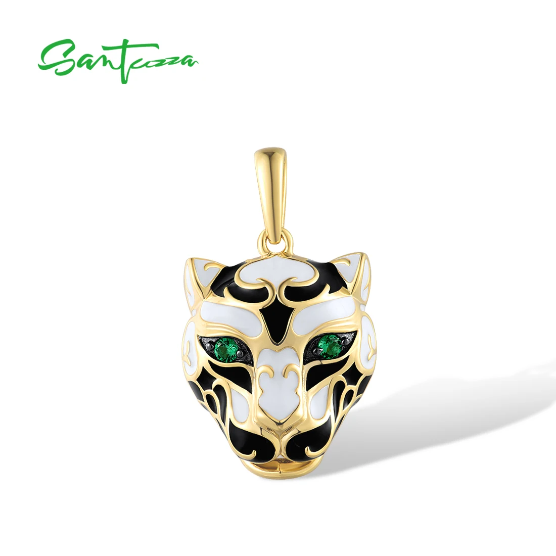 

SANTUZZA Genuine 925 Sterling Silver Black&White Leopard Pendant for Women Green Spinel Neutral Style Edgy Fine Jewelry Enamel