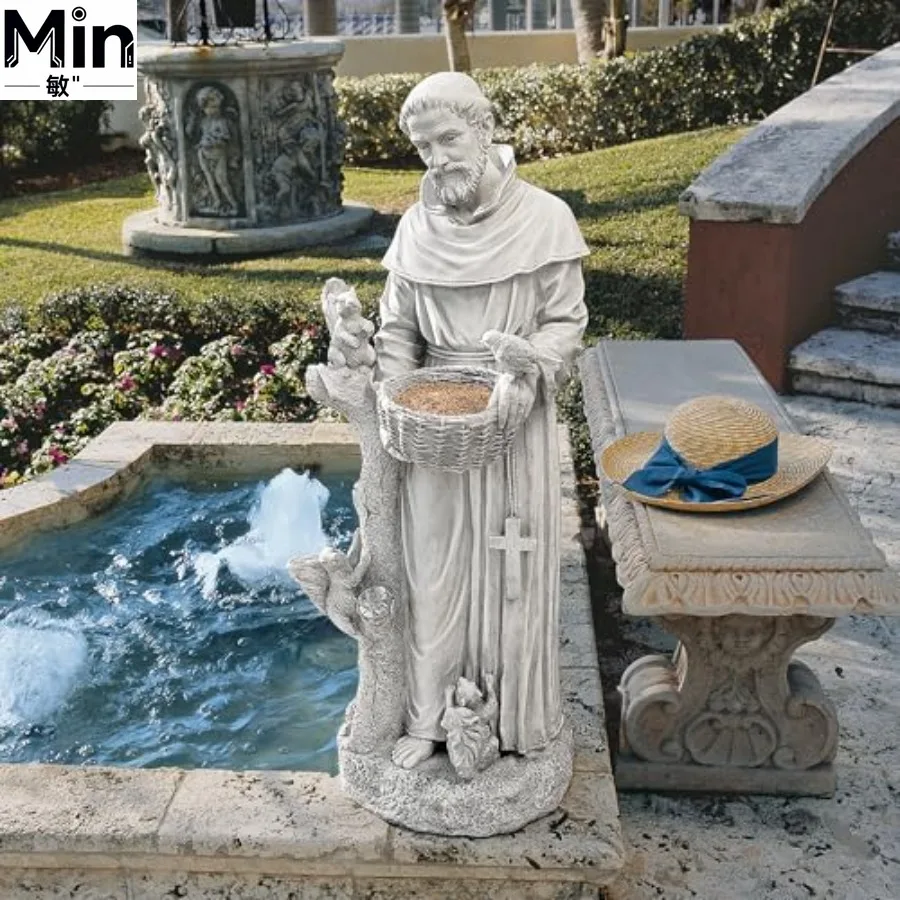 Large Cast Stone Resin Bird Bath Feeder Francis Assisi Style Brown Finish Durable Statue for Outdoor Garden Decor