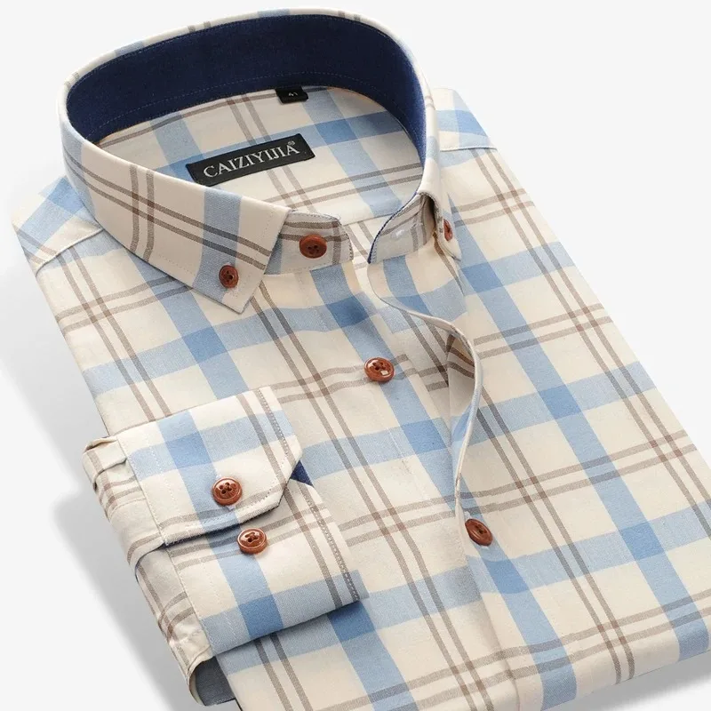 

Men Contrast Plaid Checkered Long Sleeve Shirt No Pocket 100% Cotton Casual Standard Fit Button Down Elegant Formal Dress Shirts