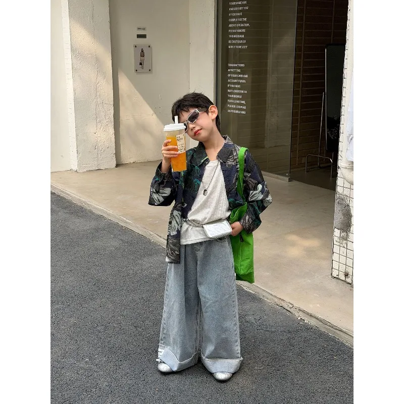 Children's Korean Version of Flanged Jeans 2026 Spring New Boys' Casual Loose Washed Soft Denim Trousers