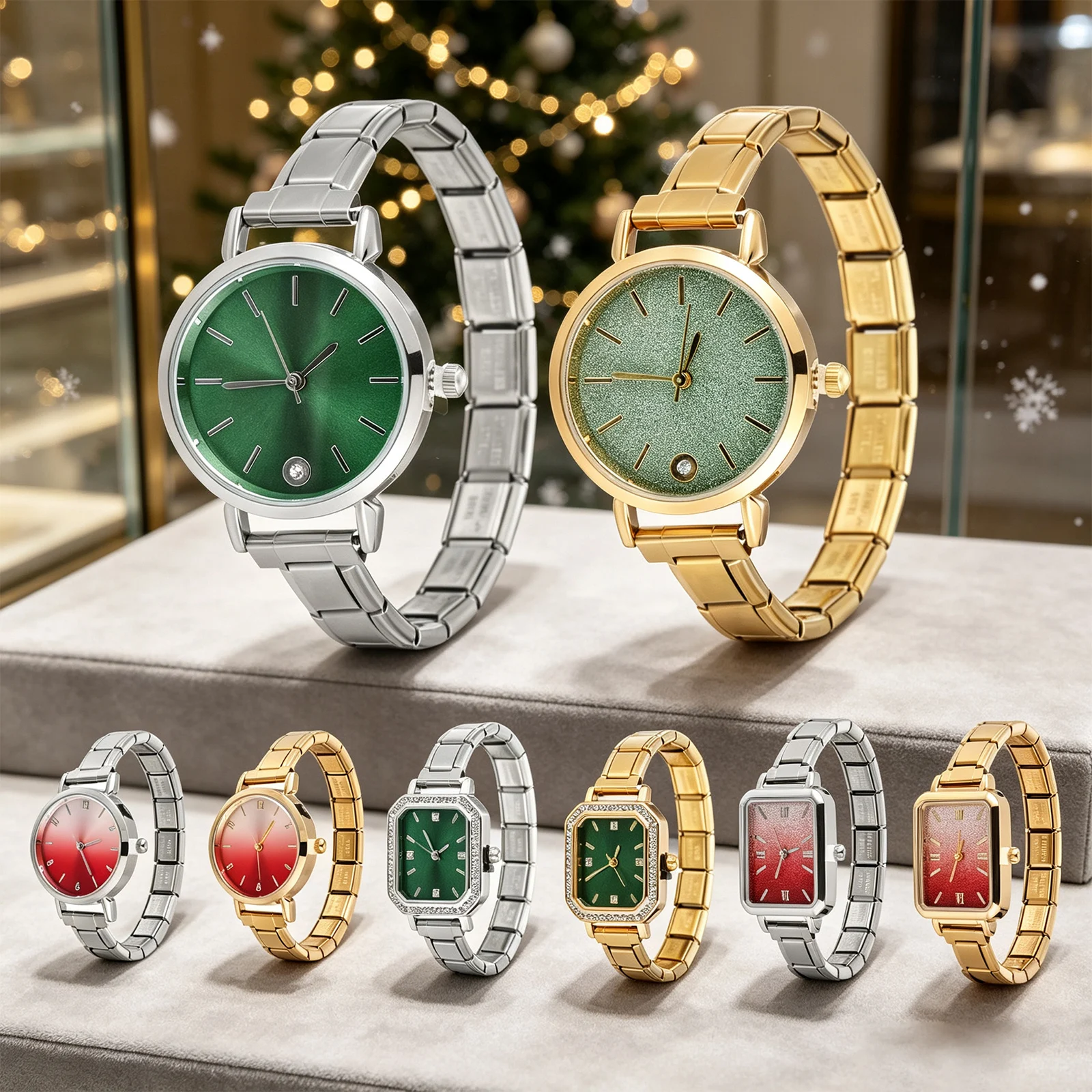 Christmas Gift High Quality Shiny Zircon Stainless Steel Square Round Heart Watch Bracelet Men Women's DIY Making Jewelry