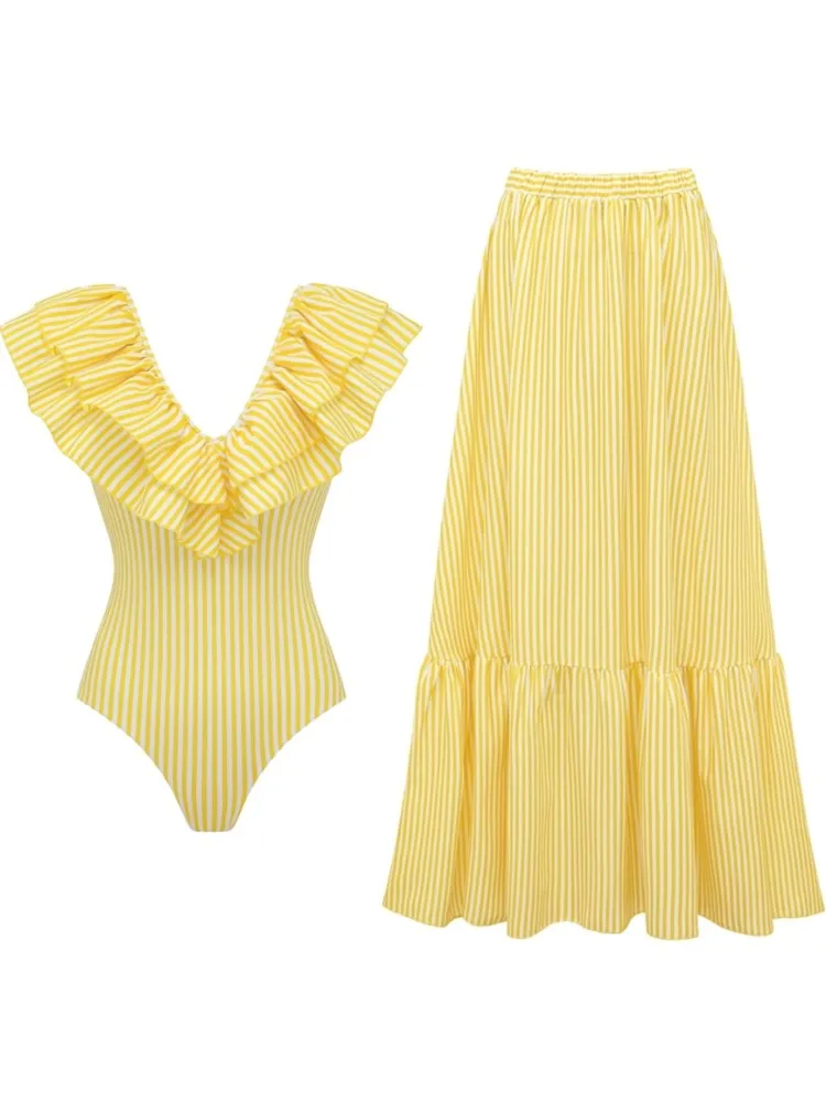 Retro Bikini Printed Fashion Two Piece Swimsuit And Cover Up With Skirt Tight Women's Bandage Summer Beach Luxury Elegant
