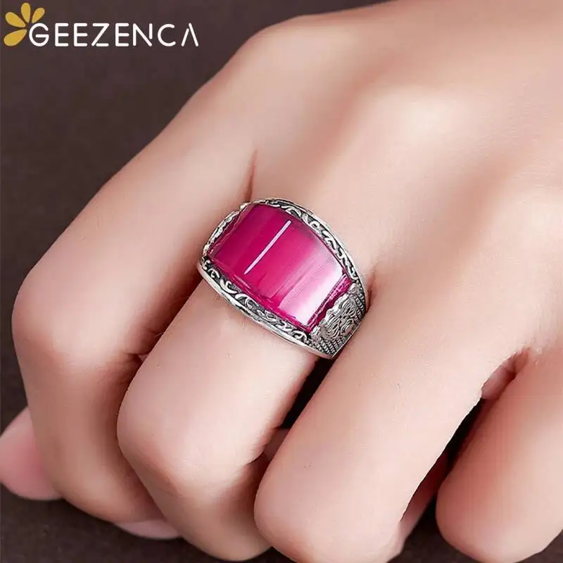 GEEZENCA Red Corundum 925 Sterling Silver Resizable Rings For Women Buddhism Goddess of Wealth Relief Open Ring 2024 New Gift