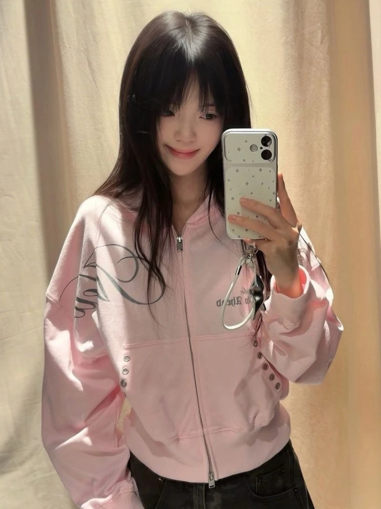 American Vintage Y2K Coquette Zip Up Hoodie Women Autumn Letter Print Studded Detail Cropped Loose Fit Preppy Casual Streetwear