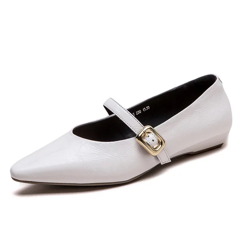 

Size 35-40 Women Gold Flats Shoes Genuine Leather Buckle Strap Low Heels Shoes 2026 Spring Pointy Office Daily Dress