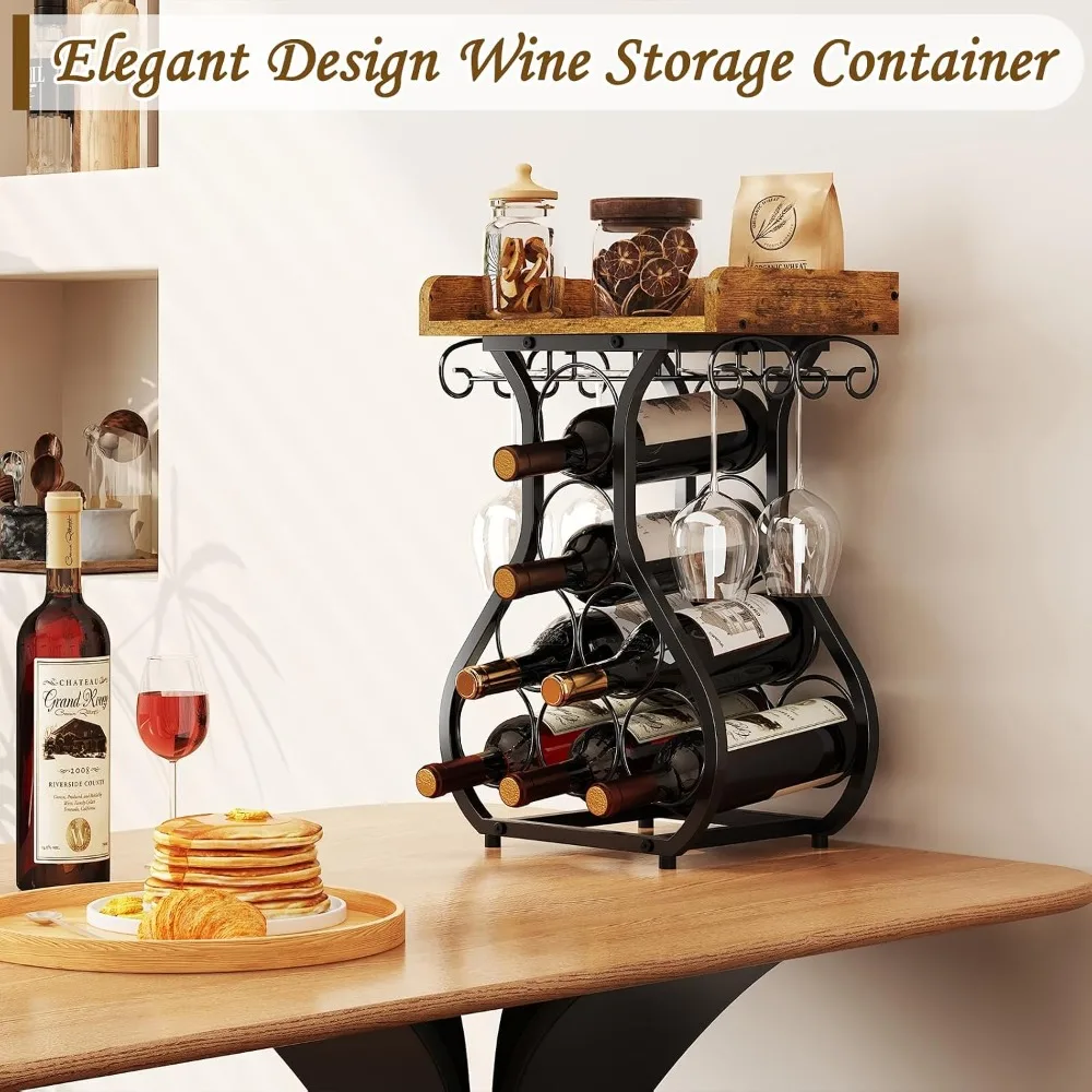 Wine Racks Countertop with Glass Holder, Mini Wine Storage for Kitchen Home Bar, 7 Bottles 4 Glasses, Rustic Wood Top