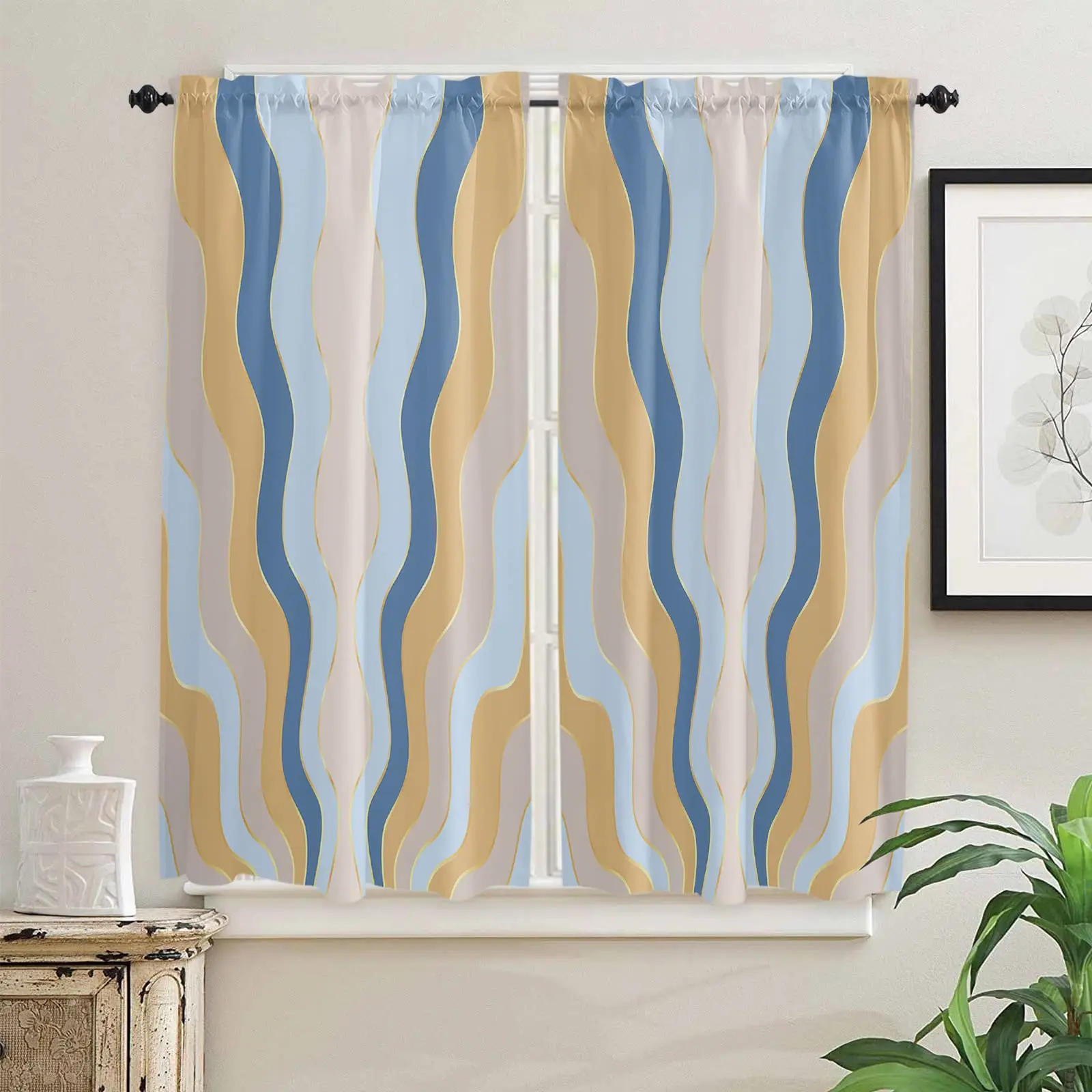 Kitchen Tier Curtains 63 inches Length, Blue Brown Ripple Stripes Window Curtains for Living Room Bath Cafe,Rod Pocket