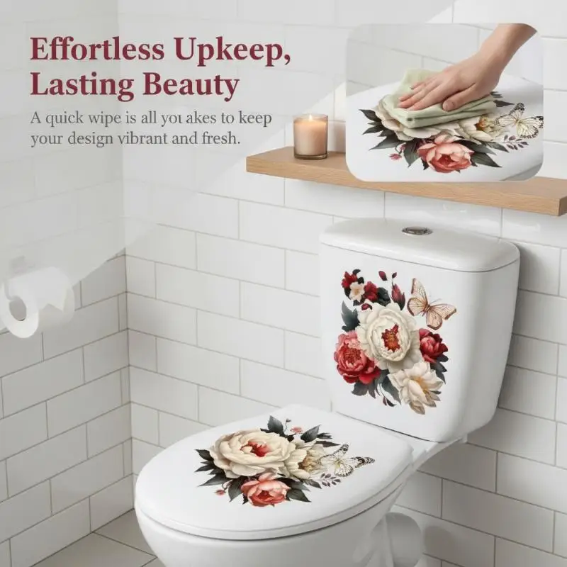 Waterproof Floral Toilet Decals Easy Clean Self Adhesive Fresh Floral Print Stickers for Home Bathroom Refresh Decor