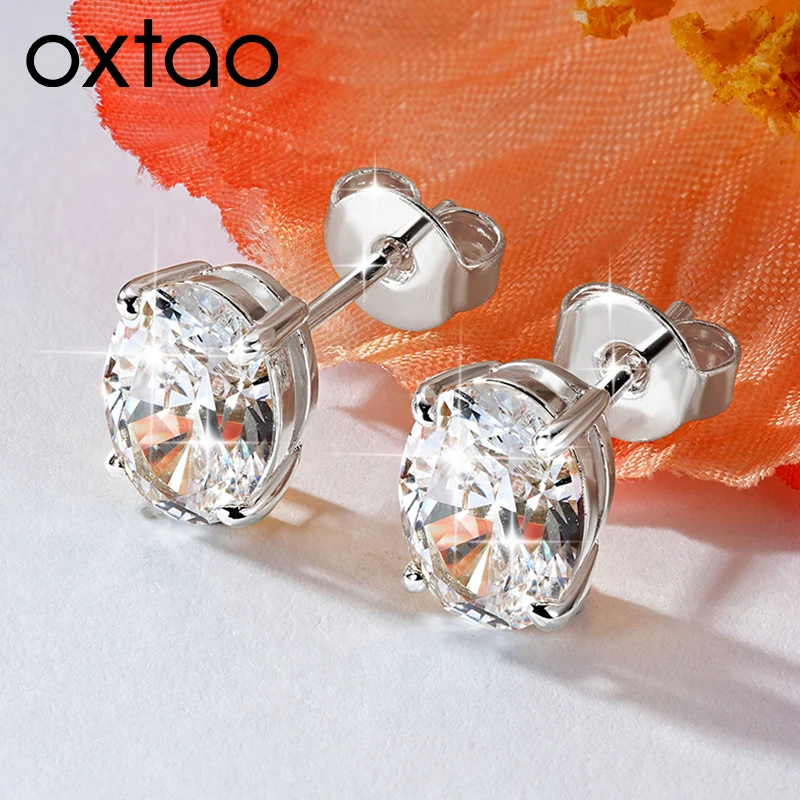 OXTAO Simple Shiny Oval-shaped Solitaire Stud Earrings Accessories for Women Men Jewelry Gift CZ Lab Imitation Diamond Earring