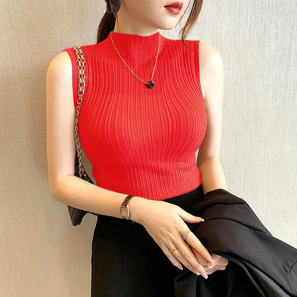 Cheaper Tops Half High Neck Sleeveless Tanks T Shirt Women Solid Stretch Slim Elastic Knit Shirts Vest Turtleneck Girl Blouses