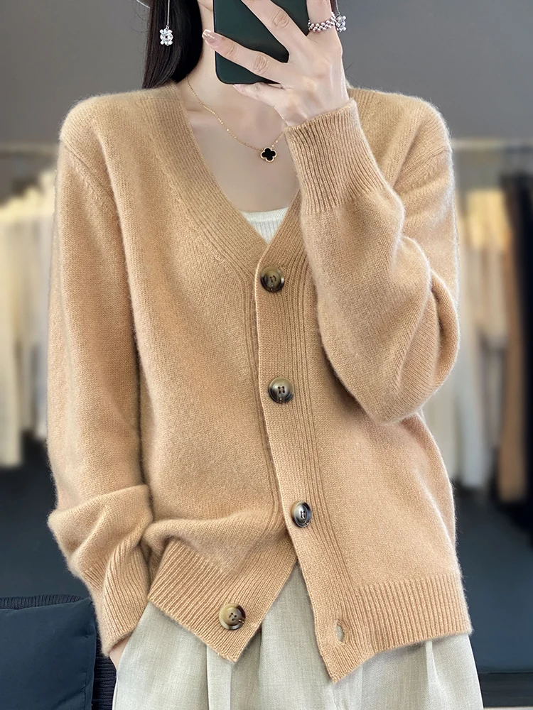 ADDONEE Women V-neck Casual Cardigan Sweater For Spring Autumn Pure Color Long Sleeve Coat 100% Merino Wool Cashmere Knitwear