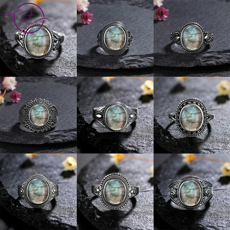 

Vintage Labradorite Rings for Women Men Oval Round Natural Stone 925 Silver Plated Ring Retro Luxury Fine Jewelry Gift FCGJHW