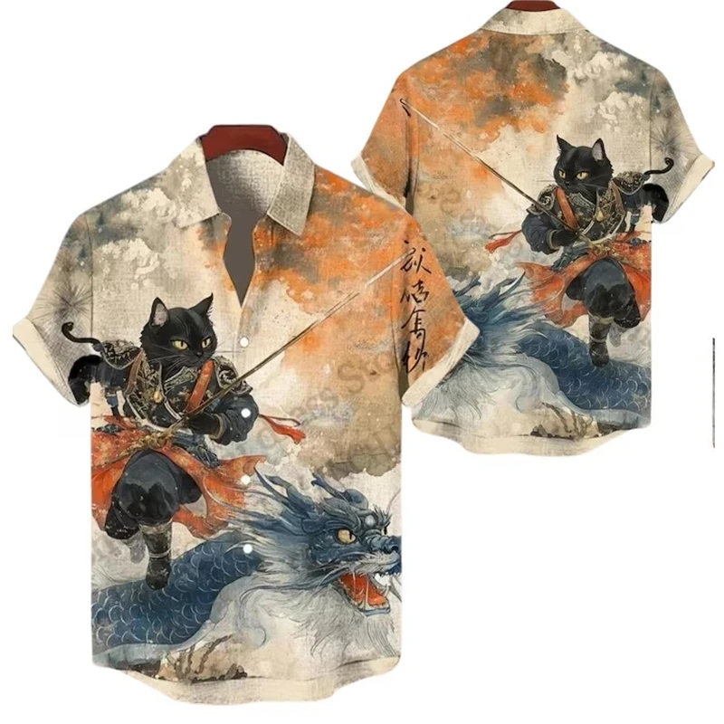

Funny Animal Hawaiian Men Shirts Cat Capybara Print Unisex Tops Beach Casual Men Women Summer Clothes Cute Lapel Y2k Clothing