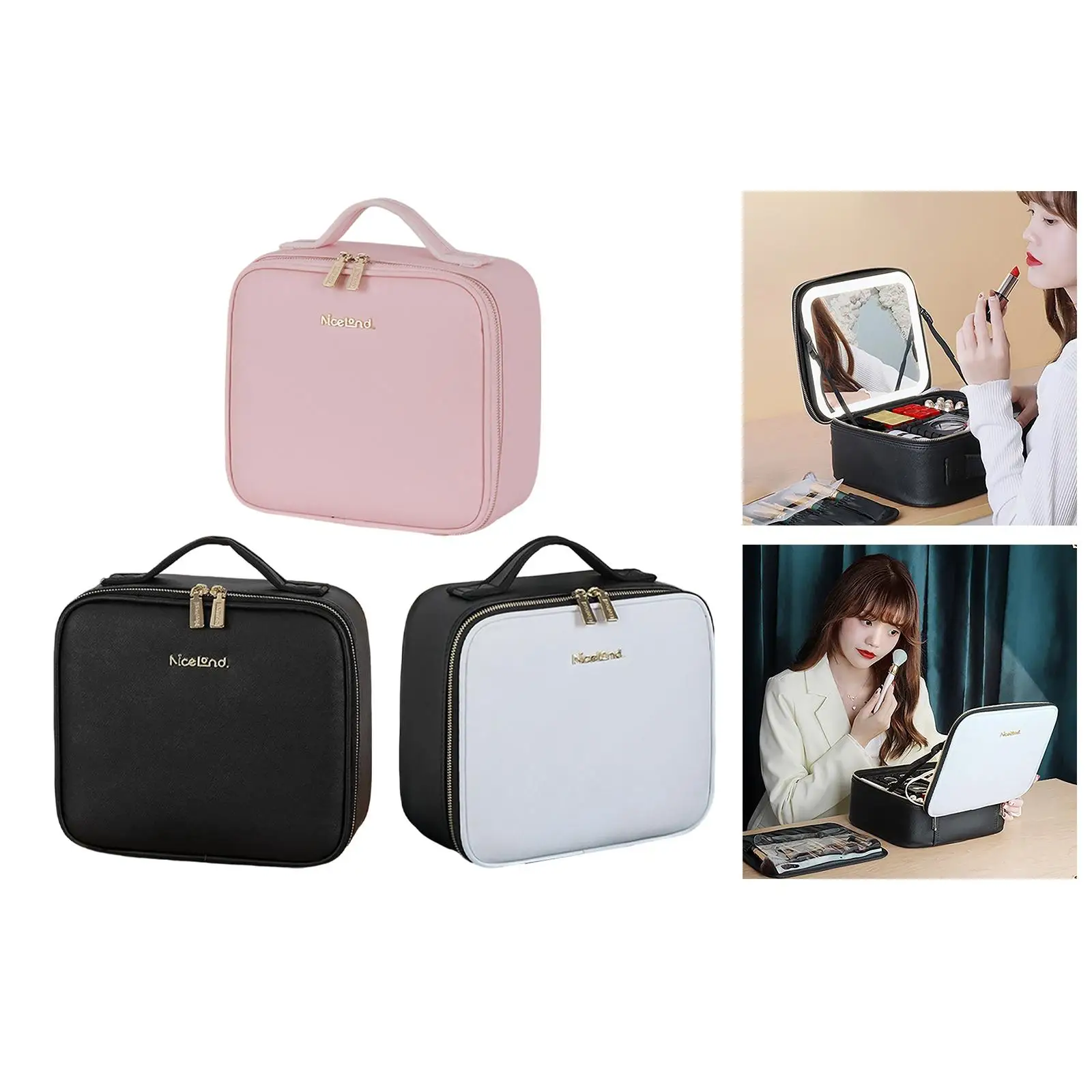 Train Makeup Case with LED Mirror Portable Multifunction for Makeup Brushes