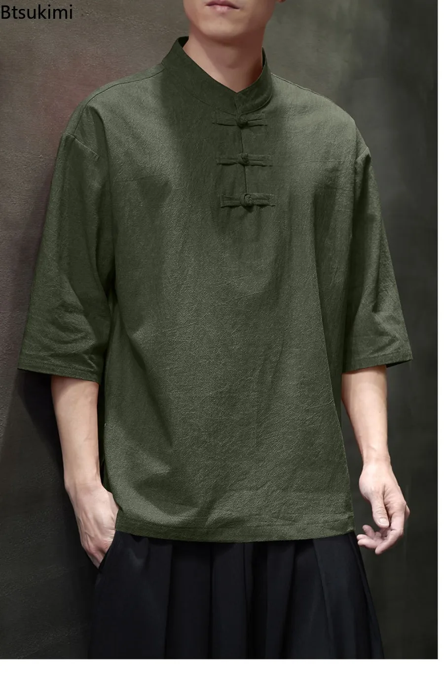Chinese Style Shirts Men's Summer Solid Stand Collar Casual Short Sleeve T-shirts Vintage Cotton Linen Pullover Tops Male Hanfu