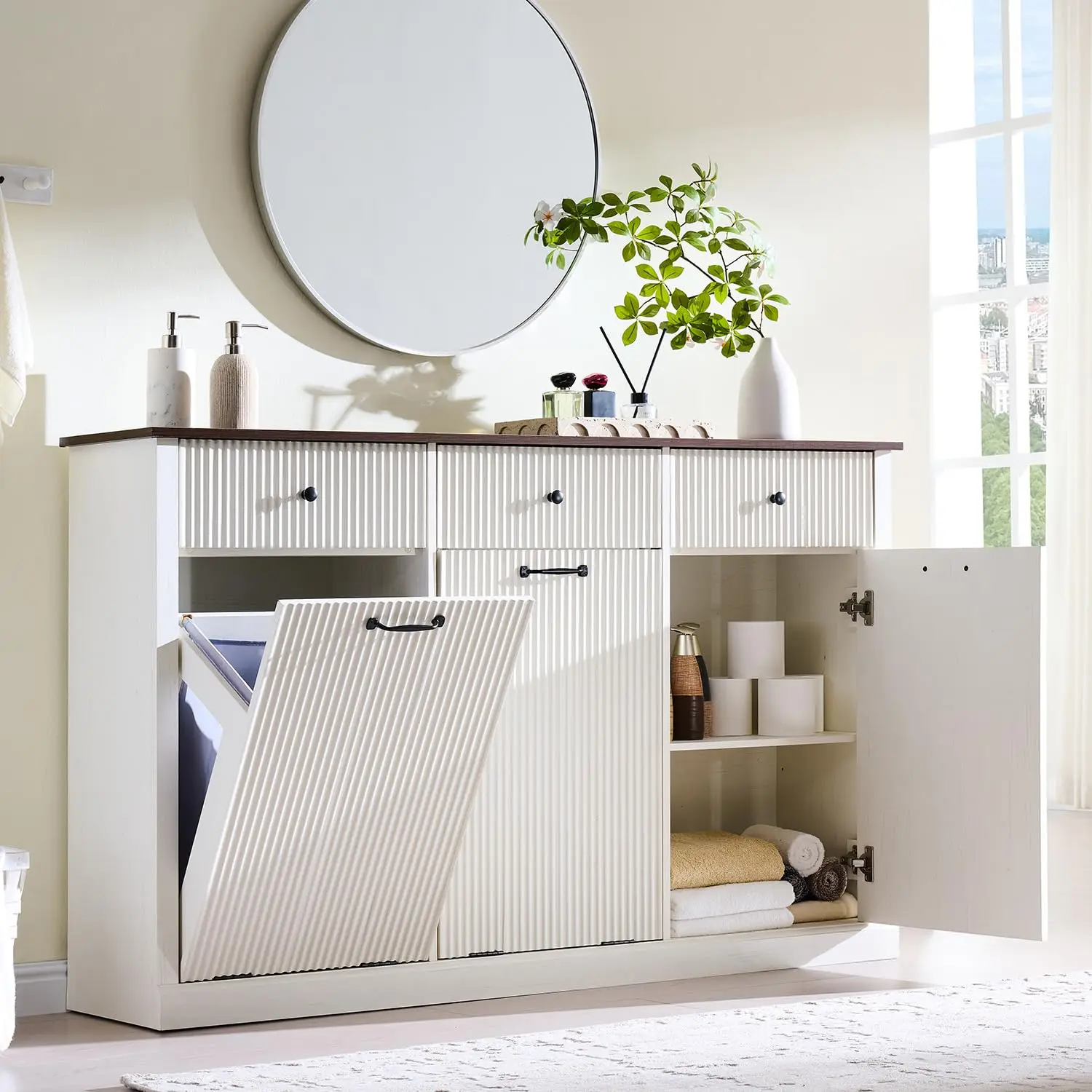 Triple Tilt Out Laundry Hamper Cabinet, Modern Fluted Trash Can Cabinet w/3 Drawers, 20 Gallon Hidden Garbage Can