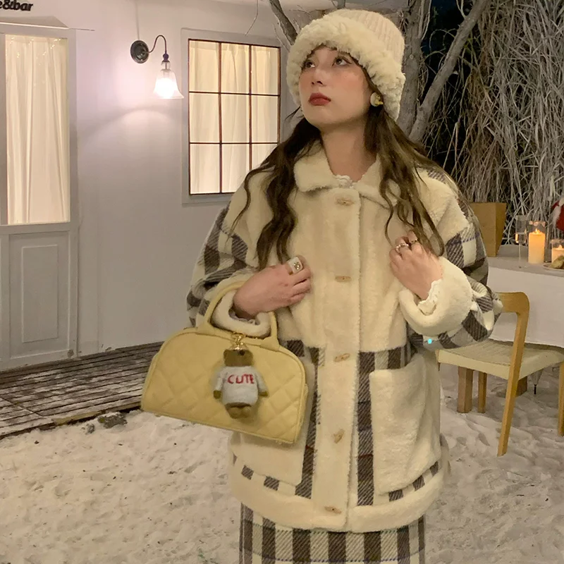 Inverno feminino solto xadrez pele de cordeiro retalhos lã quente casacos fofos