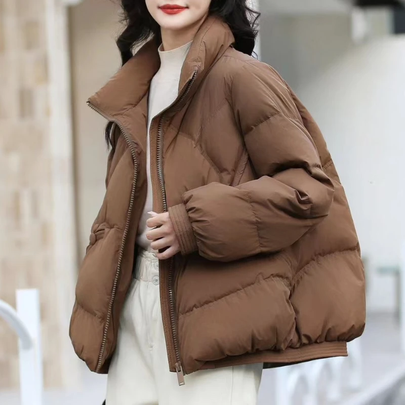 Padded Down Jacket for Women, Loose Warm Coat, Simple Stand-up Collar, Pockets, Short Paragraph, Leisure, New, 2024