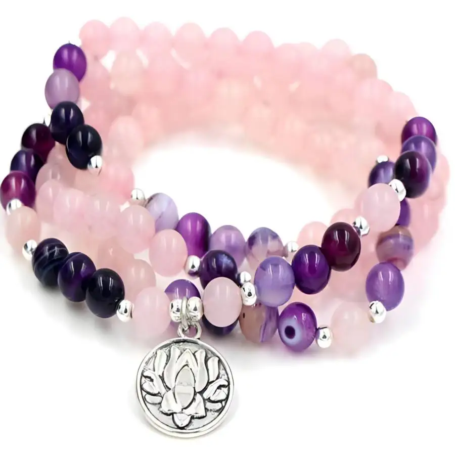 

8mm 108 Beads Pink Quartz Necklace Mala Nirvana Tibetan Bodhi Buddhist Yoga Zen Men's Chaplet Bohemian Japa zazen elastic