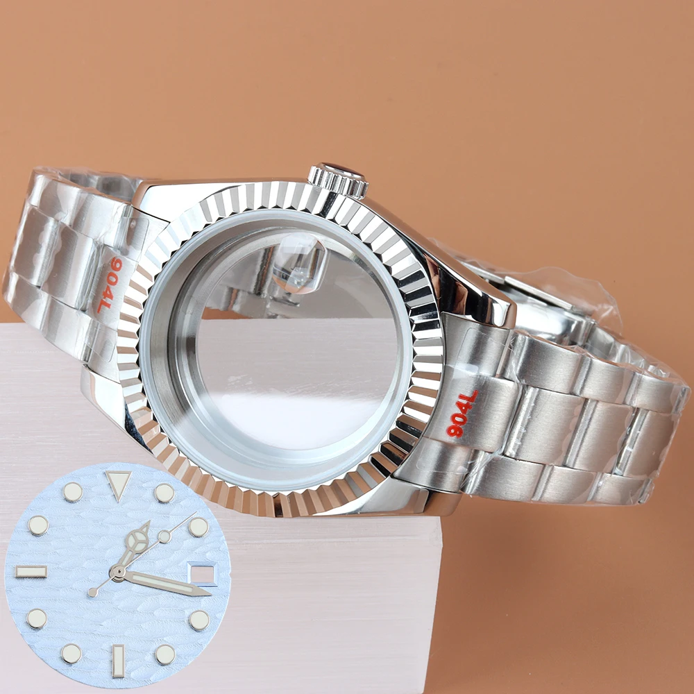 

36mm 39mm Watch Case Oyster Bracelet with 28.5mm Wave Dial Hands Green Luminous For NH35 NH36 Movement 316L Stainless Steel Case