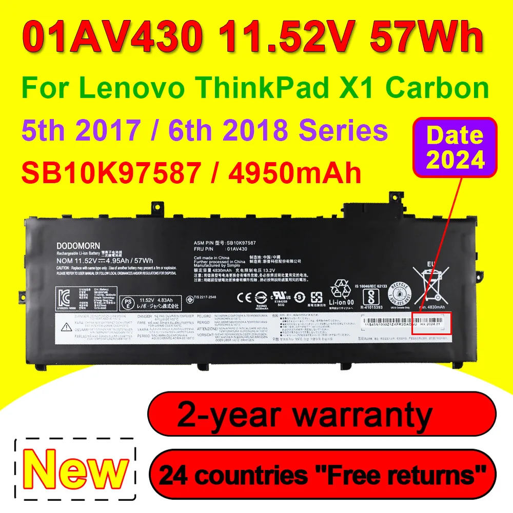 01AV430 Laptop Battery For Lenovo Thinkpad X1 Carbon 5th Gen 2017/6th Gen 2018 01AV429 01AV431 01AV494 SB10K97587 11.52V 4.95Ah