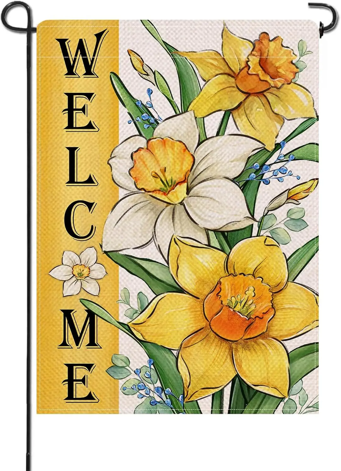 Artofy Welcome Spring Summer Floral Flower Small Decorative Garden Flag, Yellow Daffodil Eucalyptus Leaves Yard Lawn Outside Dec