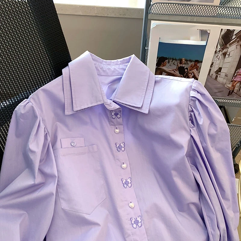 Neploe Camicia con colletto a doppio strato viola 2024 Estate Nuovo coreano Camicette sottili di alta qualità Femme Chic Dolce Gentle Casual Blusas