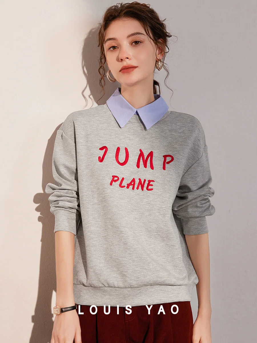 LOUIS YAO 2025 Spring Autumn Letter Embroidered Loose Fake Two piece Fashionable Falling Shoulder Long Sleeve Women's Hoodie