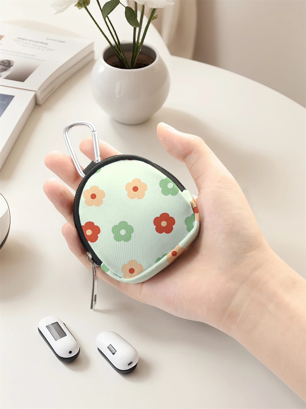محفظة صغيرة مطبوعة بنمط الزهور، حقيبة تغيير بسحاب مع مشبك خطاف، حقيبة مفاتيح لسماعات الرأس، مناسبة للرجال والنساء #3