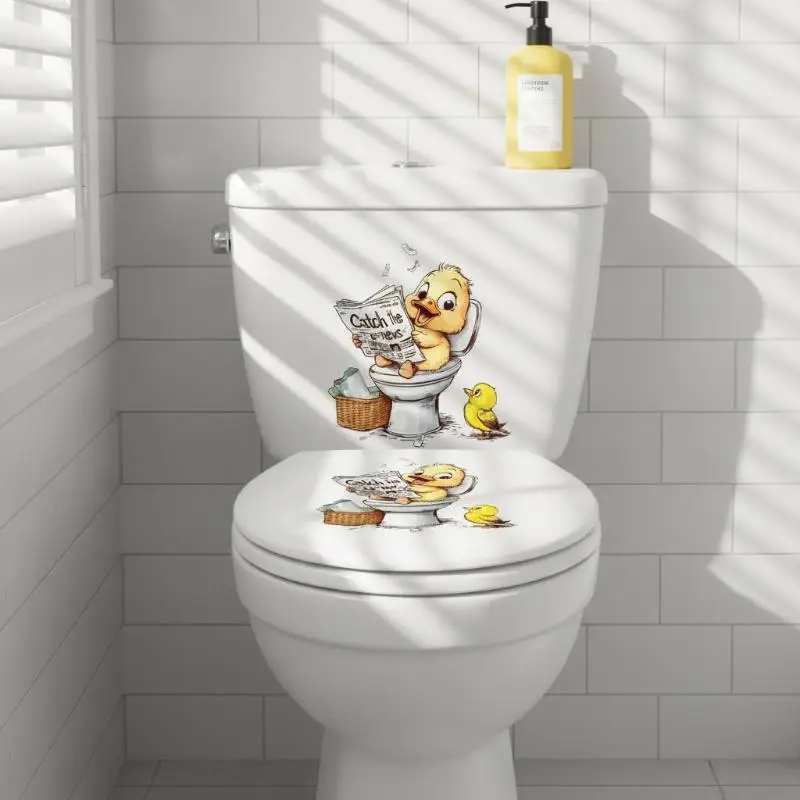 New Funny Yellow Duck Reading Newspaper Toilet Lid Decal Sticker Wallpapers Wall Stickers For Bathroom Decor Self-Adhesive