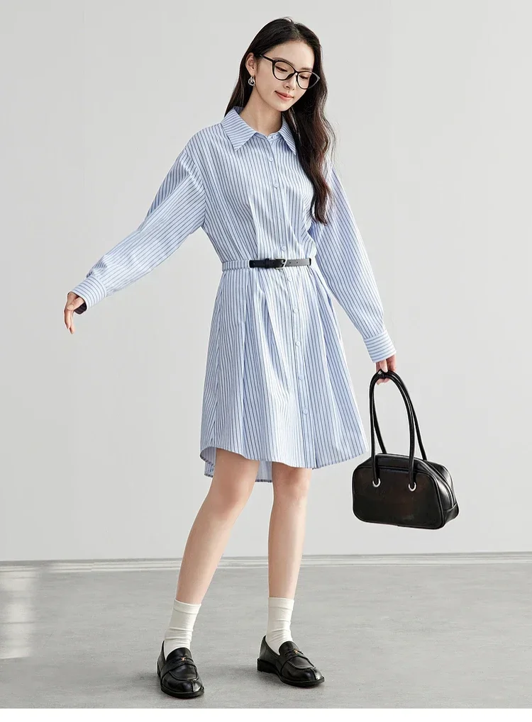 فساتين SENTUBILA النسائية المخططة للمكتب للسيدات على شكل حرف a من القطن بياقة مقلوبة وأكمام طويلة فستان ميدي مع حزام 2025 151L58148 #6