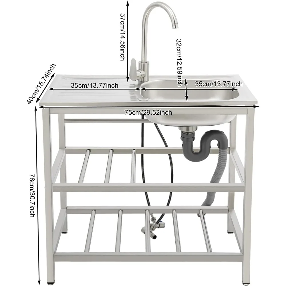 حوض مطبخ خارجي من الفولاذ المقاوم للصدأ مع رف تخزين ومنضدة للاستخدام في المطاعم