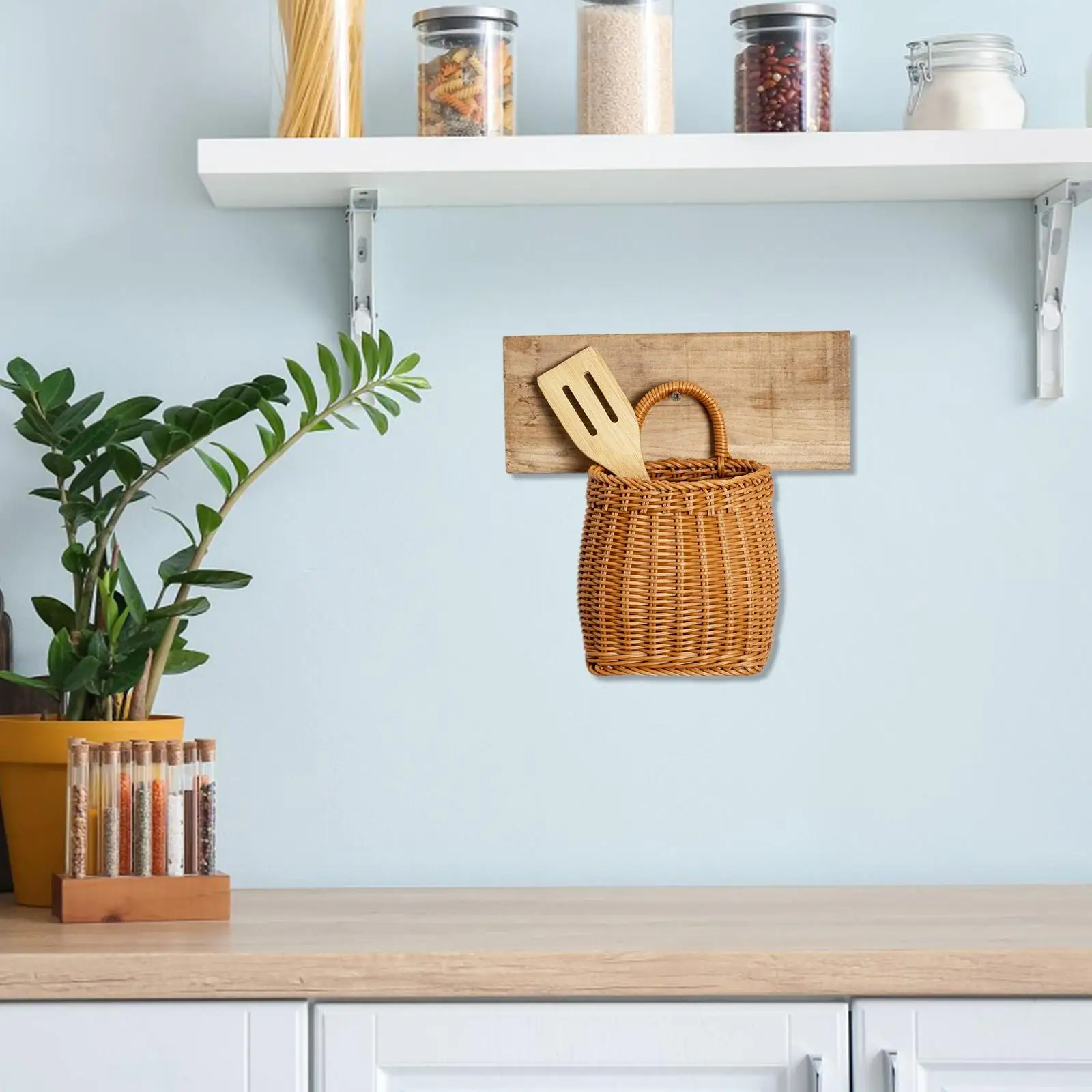 

Woven Basket 15.5X11.5cm Faux Rattan Handwoven Storage Baskets Wall Hanging Flower Pots Vintage Kitchen Garlic ganizer Plastic