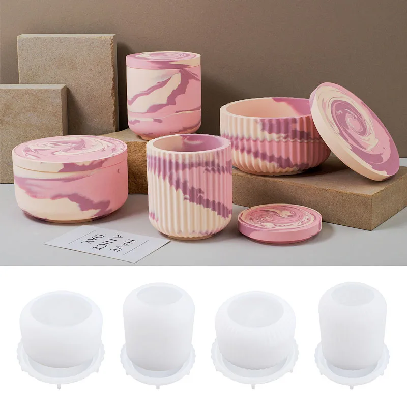 Round Stripe Candle Jar Silicone Mold DIY Handmade Storage Box Pen Holder Plaster Cement Vase Crafts Casting Molds Home Decor