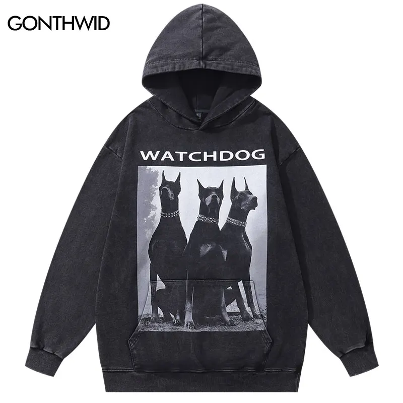 Men Vintage Hoodies Doberman Dog Graphic Printed Oversized Hooded Sweatshirt Hip Hop Punk Gothic Baggy Washed Streetwear Black